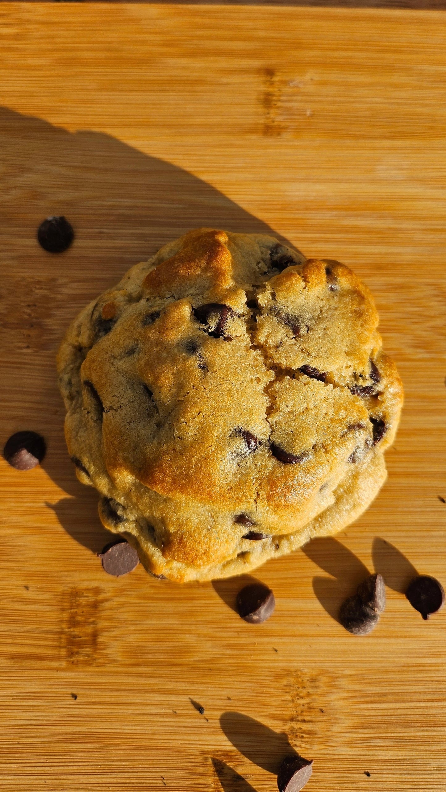 "Golden-brown homemade chocolate chip cookies with a soft center and generously filled with chocolate chips."