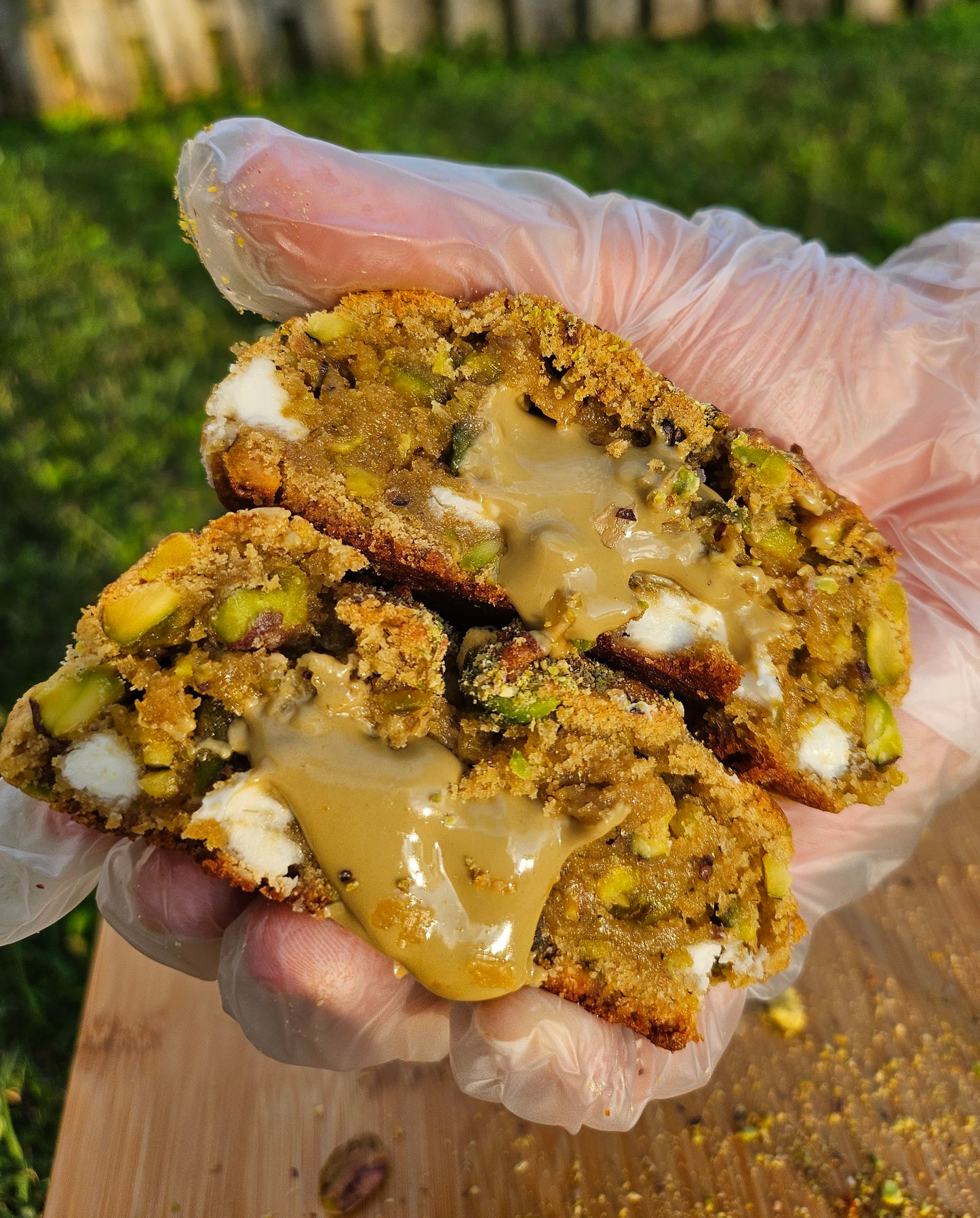 "Soft and chewy pistachio cookies stuffed with pistachio cream, roasted pistachios, and white chocolate chips."
